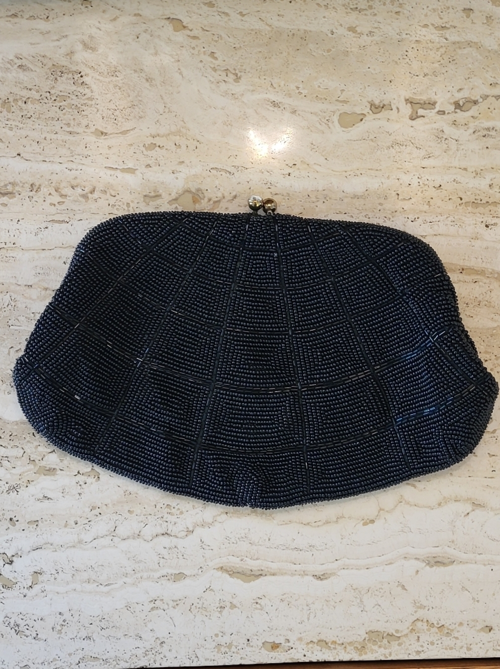 Richere Black Beaded Clutch Handmade In Japan Rhinestone Kiss Lock